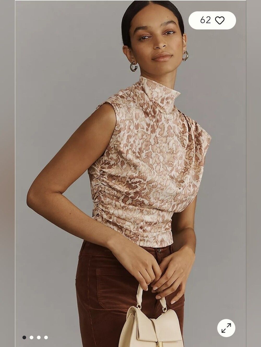 Anthropologie Satin Mock Neck Draped Blouse In Blush and Taupe
